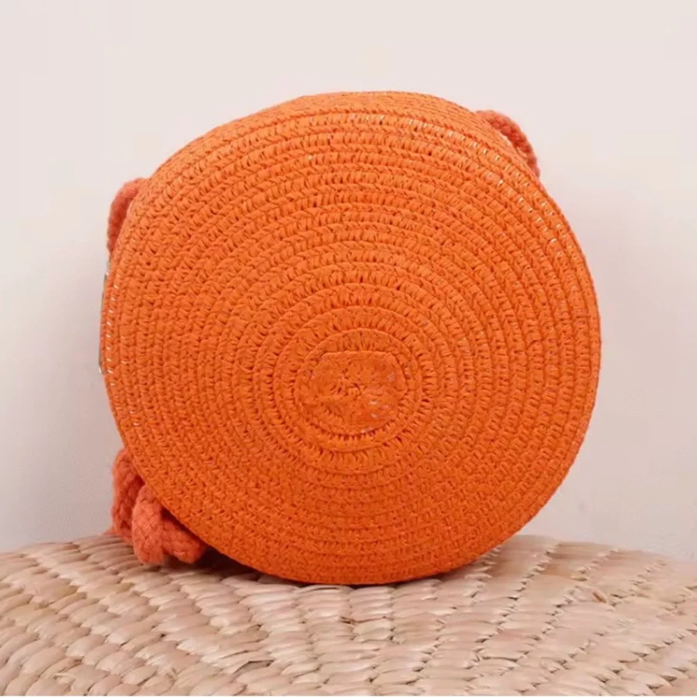 Round Orange Straw Raffia Woven Circle Bag Purse Handbag Summer Crossbody Bright - Picture 4 of 8